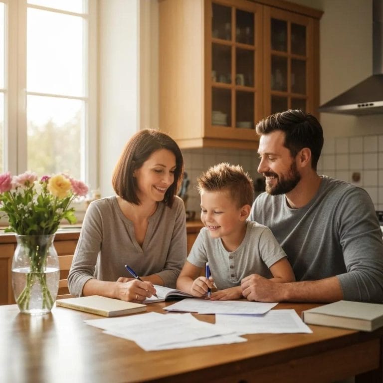 Parent and child discussing child support calculations in a cozy kitchen setting