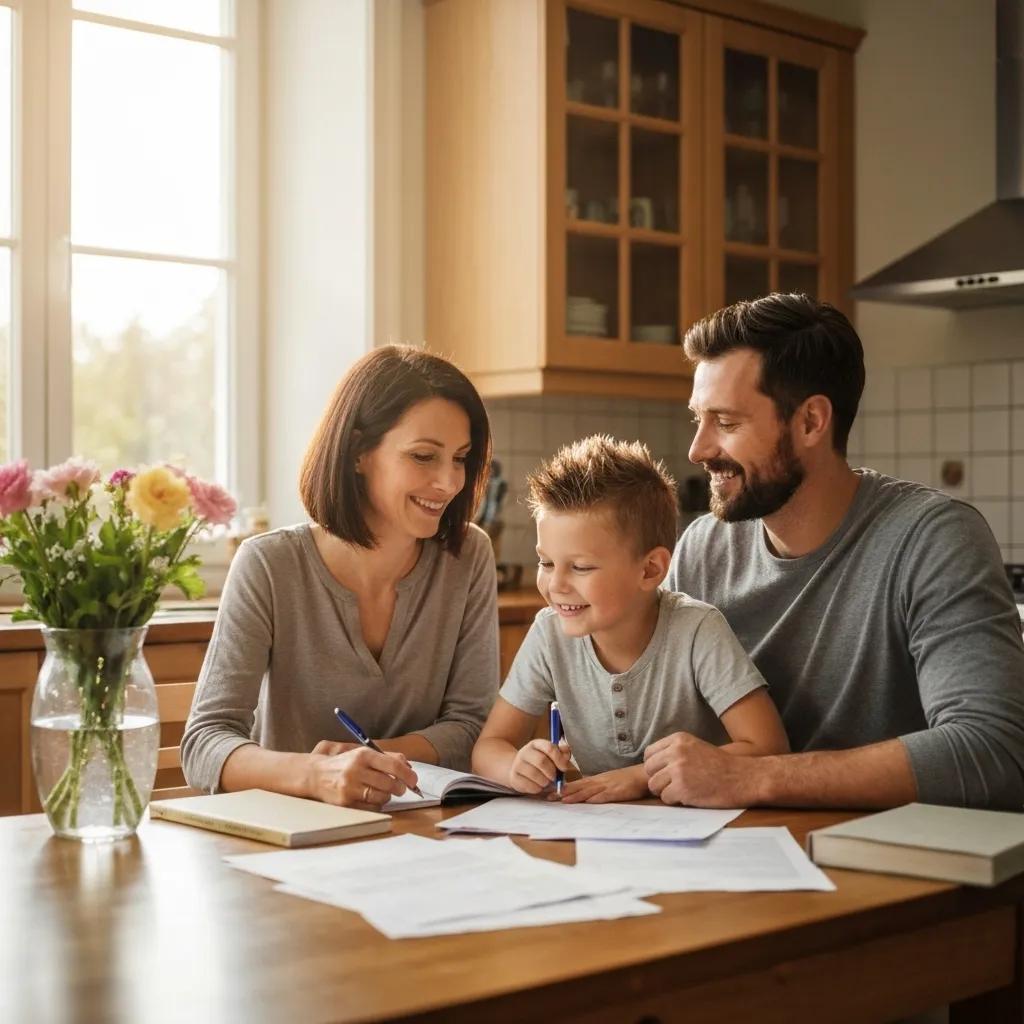 Parent and child discussing child support calculations in a cozy kitchen setting