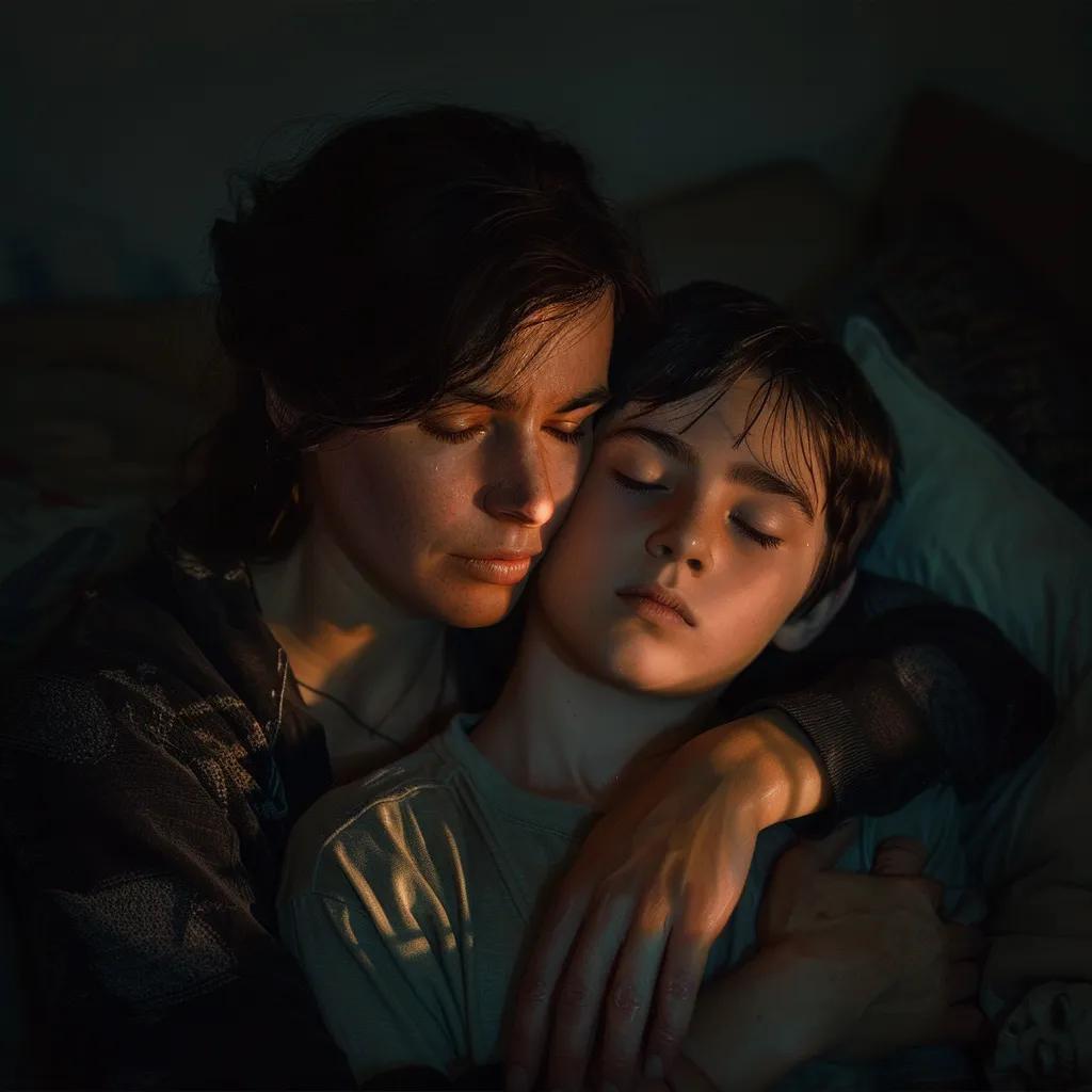A parent comforting their child, who appears anxious about returning to school following a divorce, symbolizing emotional support