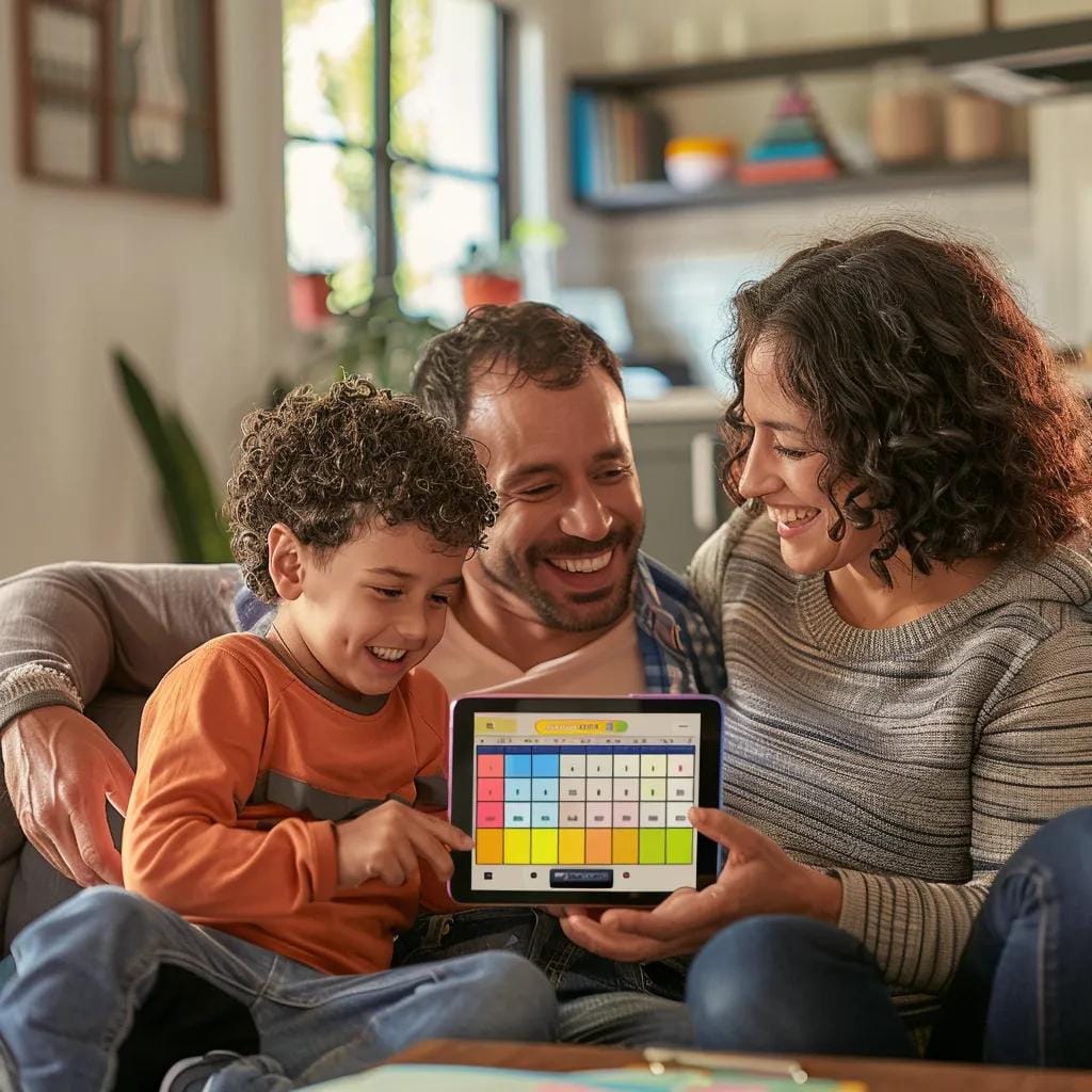 Co-parents effectively coordinating their child's school schedule through a shared digital calendar, demonstrating collaborative communication