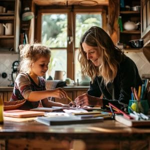 Divorced parent and child preparing school supplies together at a kitchen table