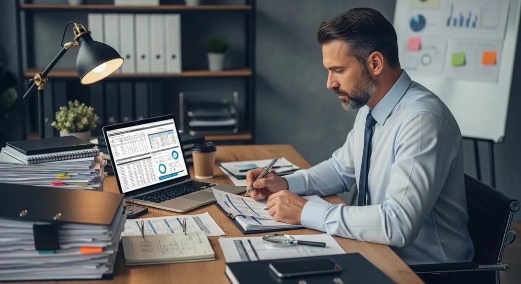 Forensic accountant conducting a financial investigation with documents and laptop