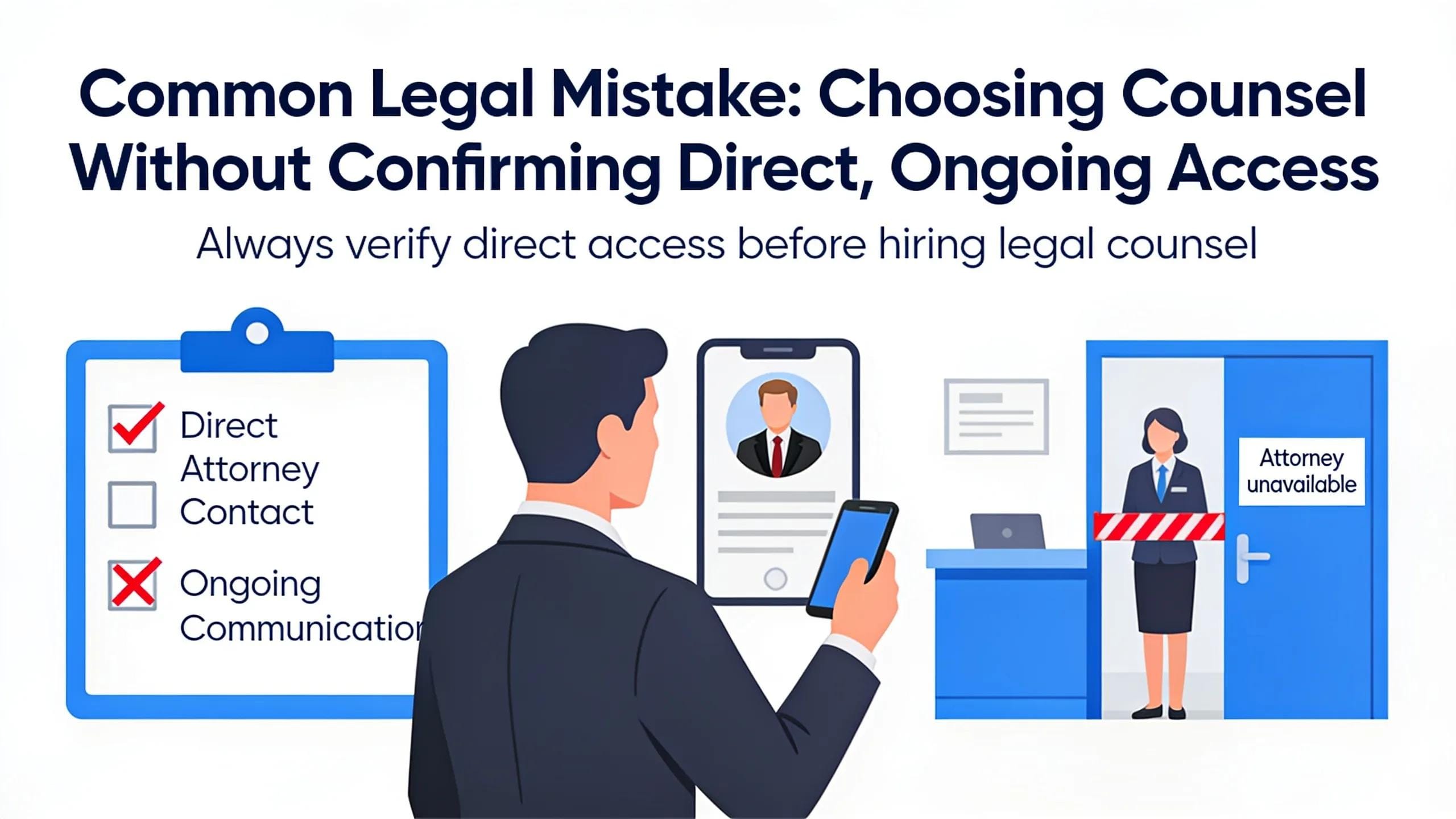 A common mistake is choosing counsel without confirming direct, ongoing access to the attorney rather