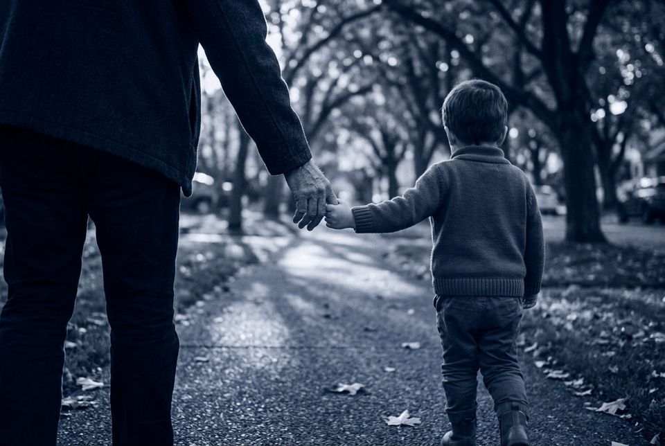 A parent and young child walking hand in hand