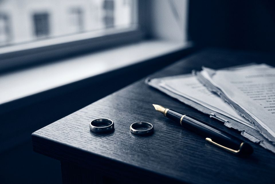 Wedding rings and divorce papers on a desk